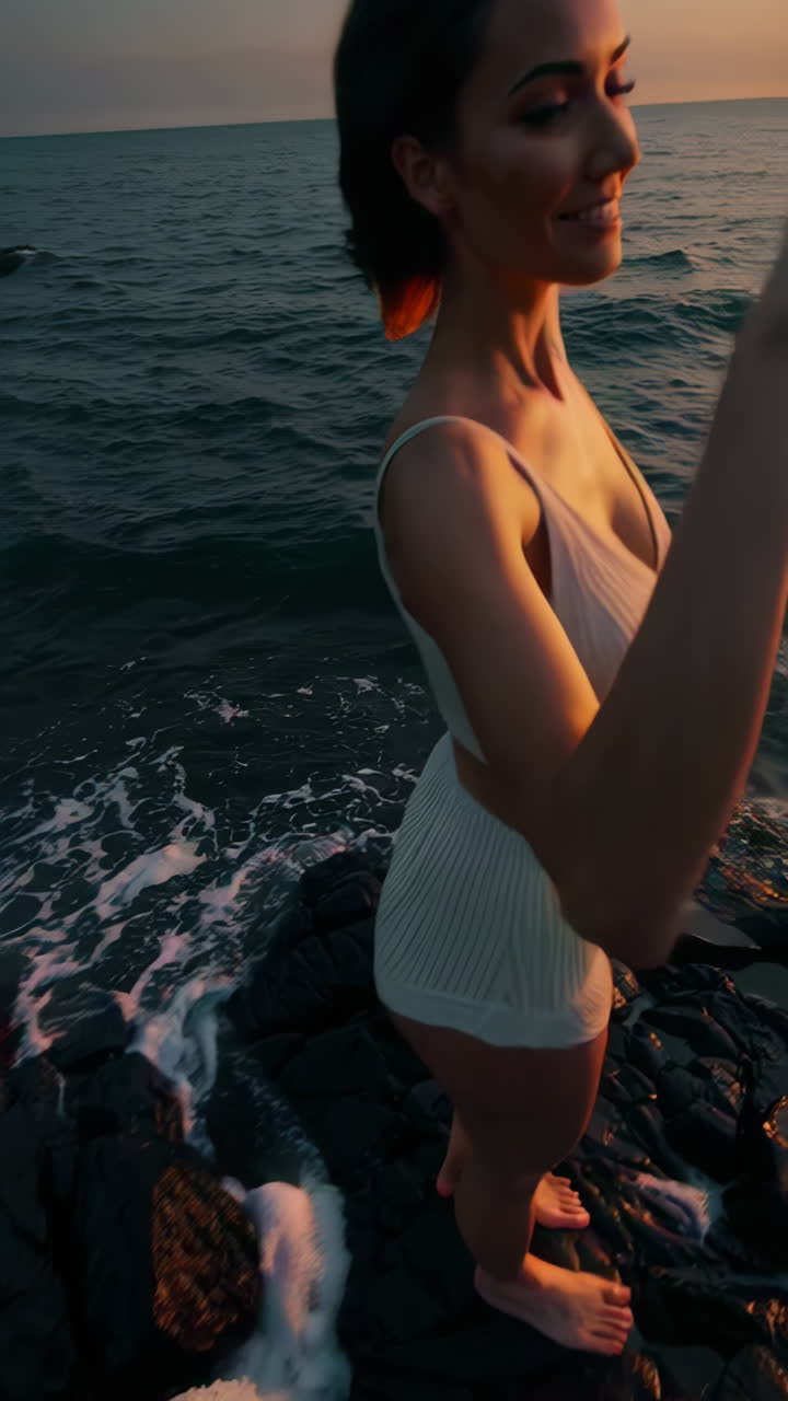 해변 에서 일몰 을 즐기는 여자