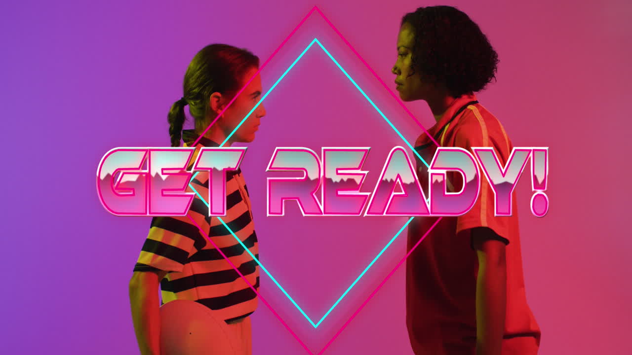 Animation of get ready text over female rugby players on neon background