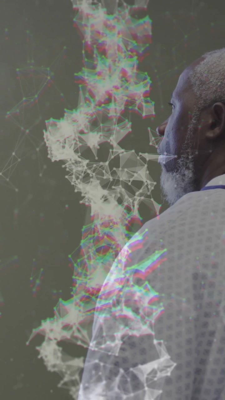 Animazione di filamento di DNA con connessioni su anziano uomo afroamericano in ospedale.
