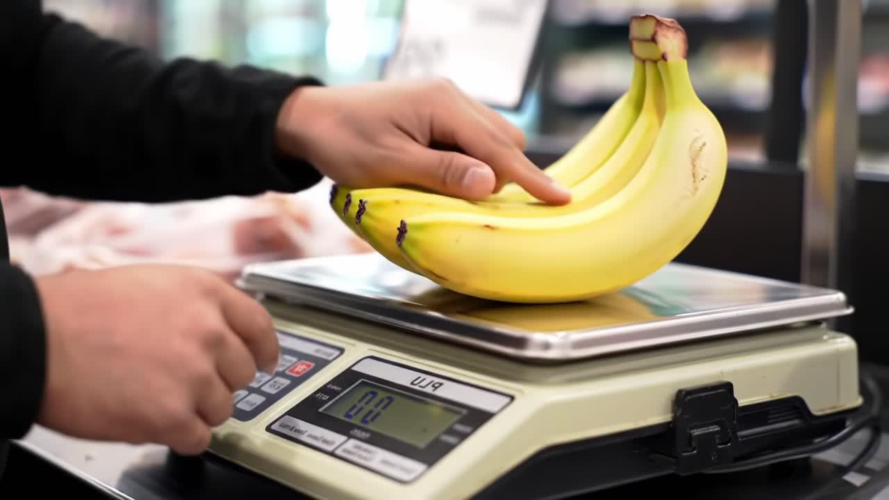 Weighing Fresh Bananas: A Hand Places a Bunch on the Scale in a Grocery Store, Highlighting the Importance of Accurate Measurement in Healthy Eating Choices