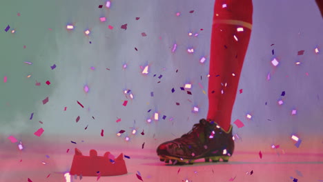 animation of confetti falling over biracial female rugby player holding ball