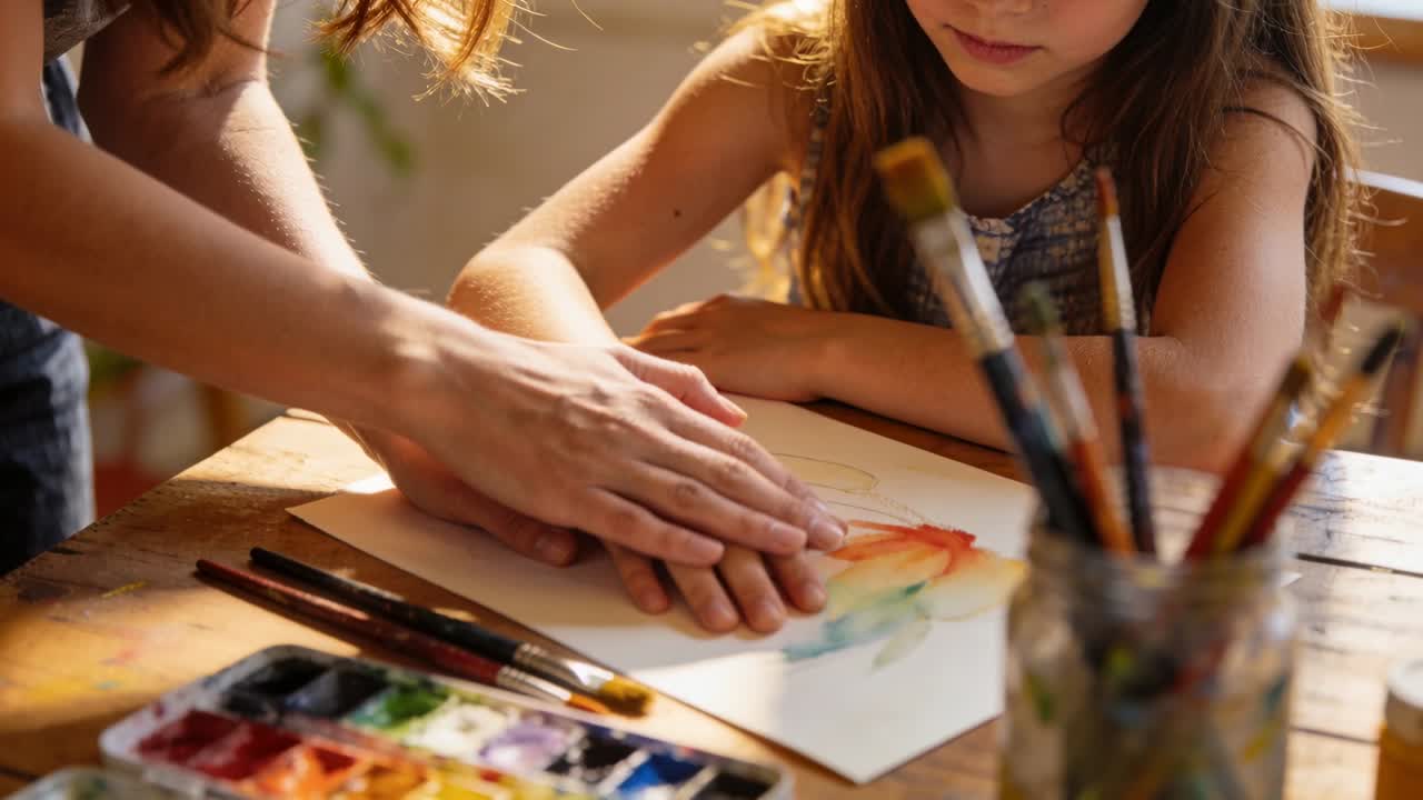 Guiding adult placing girl's palm in tank top near window, pressing for paint print with palette