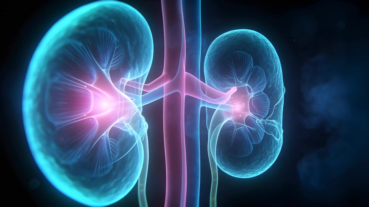 Camera rotating, kidney pair shifting and pulsing to highlight hilum, vessels in medical 3D space