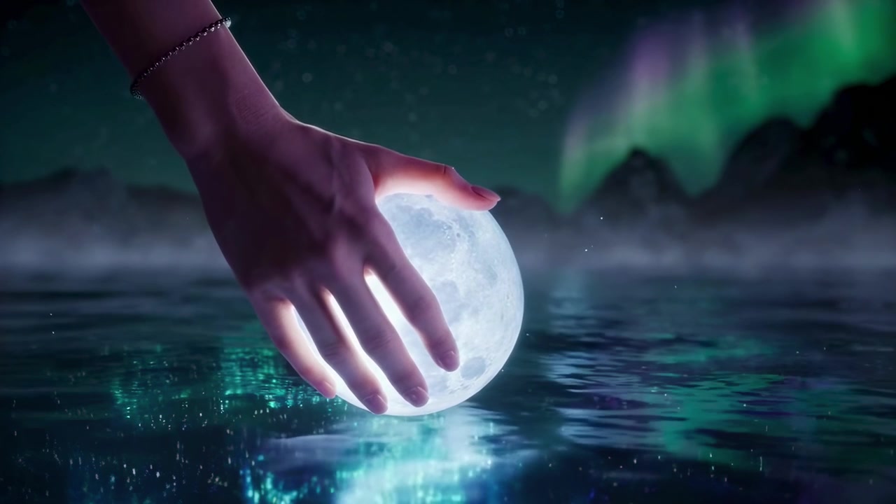 Tangan dengan Lembut Menyentuh Bola Bulan Bercahaya di Air dengan Aurora