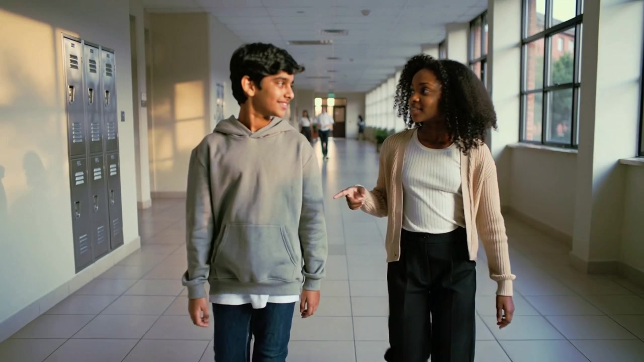 Due studenti in felpa con cappuccio e cardigan che camminano, parlano e indicano lungo il corridoio della scuola, vicino a finestre e armadietti.