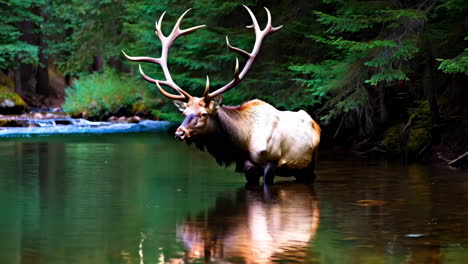 a magnificent bull elk stands in a calm river within a lush forest
