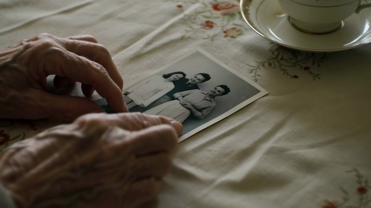 Vista cercana de manos envejecidas levantando, inspeccionando y doblando suavemente la esquina de un retrato vintage en blanco y negro sobre un mantel de color crema bordado junto a una taza de té y un platillo de porcelana, creando una atmósfera tranquila.