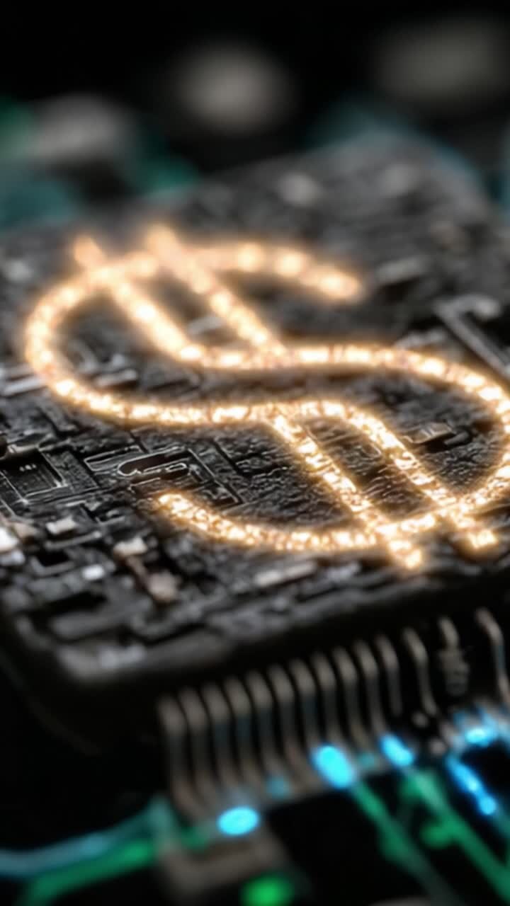 Una rappresentazione artistica di valuta illuminata su un microchip, che unisce tecnologia e finanza in un'accattivante visualizzazione di contenuti visivi
