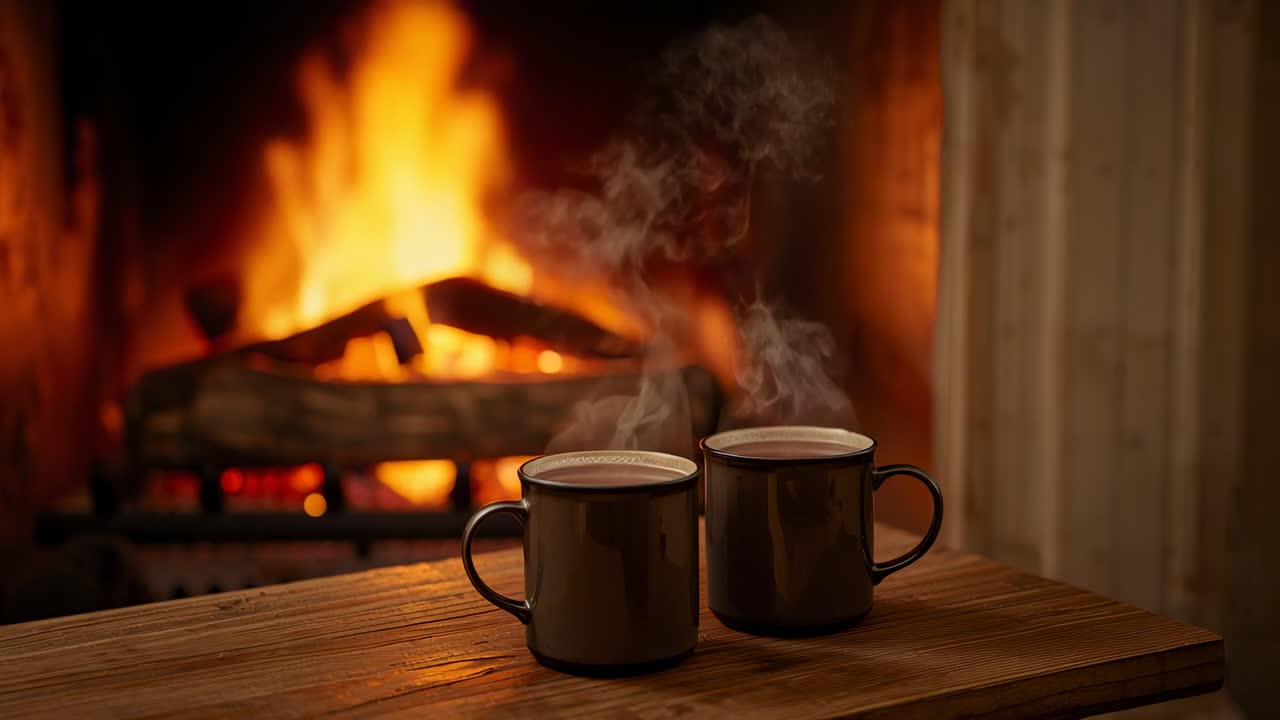 Fireplace flames flickering on tabletop, illuminating two steaming metal mugs, showing rising steam