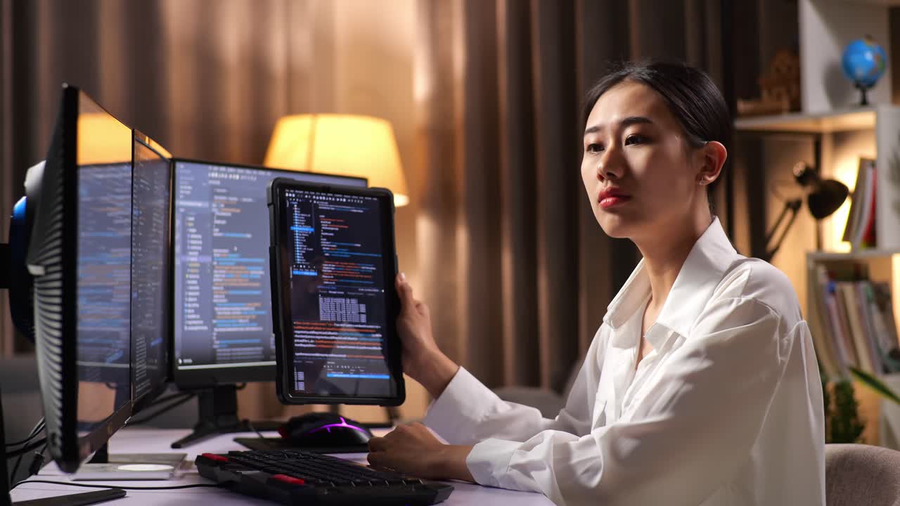 태블릿에서 데이터베이스를 보는 아시아 여성 프로그래머 소프트웨어 엔지니어는 집에서 데스크 컴퓨터에서 앱, 프로그램, 비디오 게임을 개발합니다.