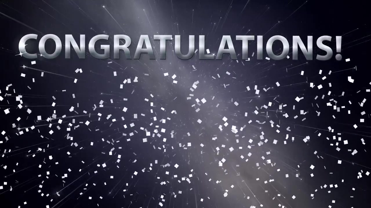 Metallic congratulations text appears over a deep space background with drifting stars and falling confetti.