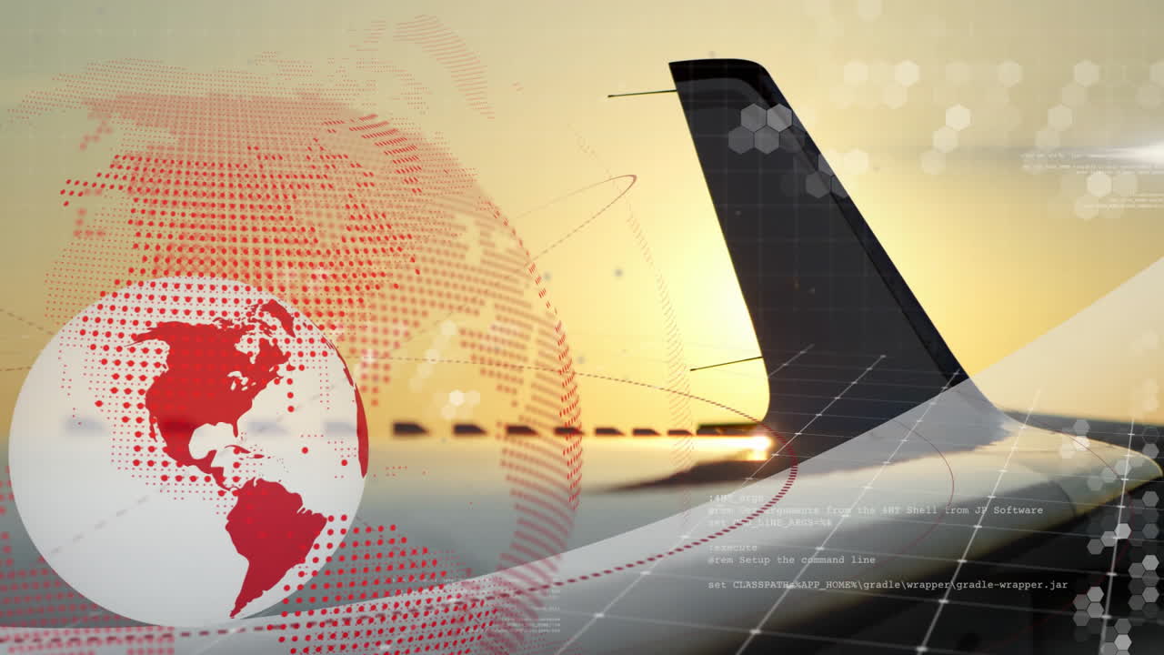 빨간색 세계 지도와 데이터 시각화 애니메이션을 가진 비행기 날개