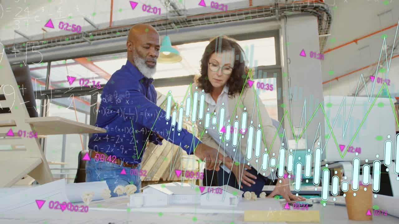 animación de gráficos, tablero de negociación, sumas matemáticas, diversos arquitectos discutiendo modelos de casas