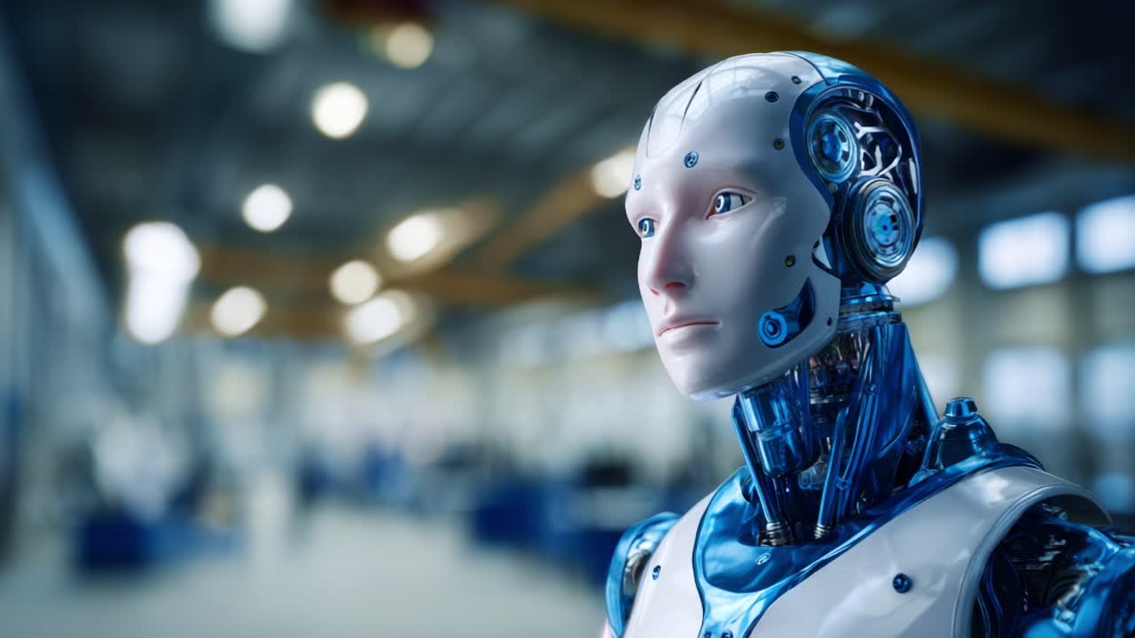 A Futuristic Robot Featuring Advanced AI Technology and Human-Like Features in an Industrial Environment, Showcasing the Intersection of Robotics and Human Interaction