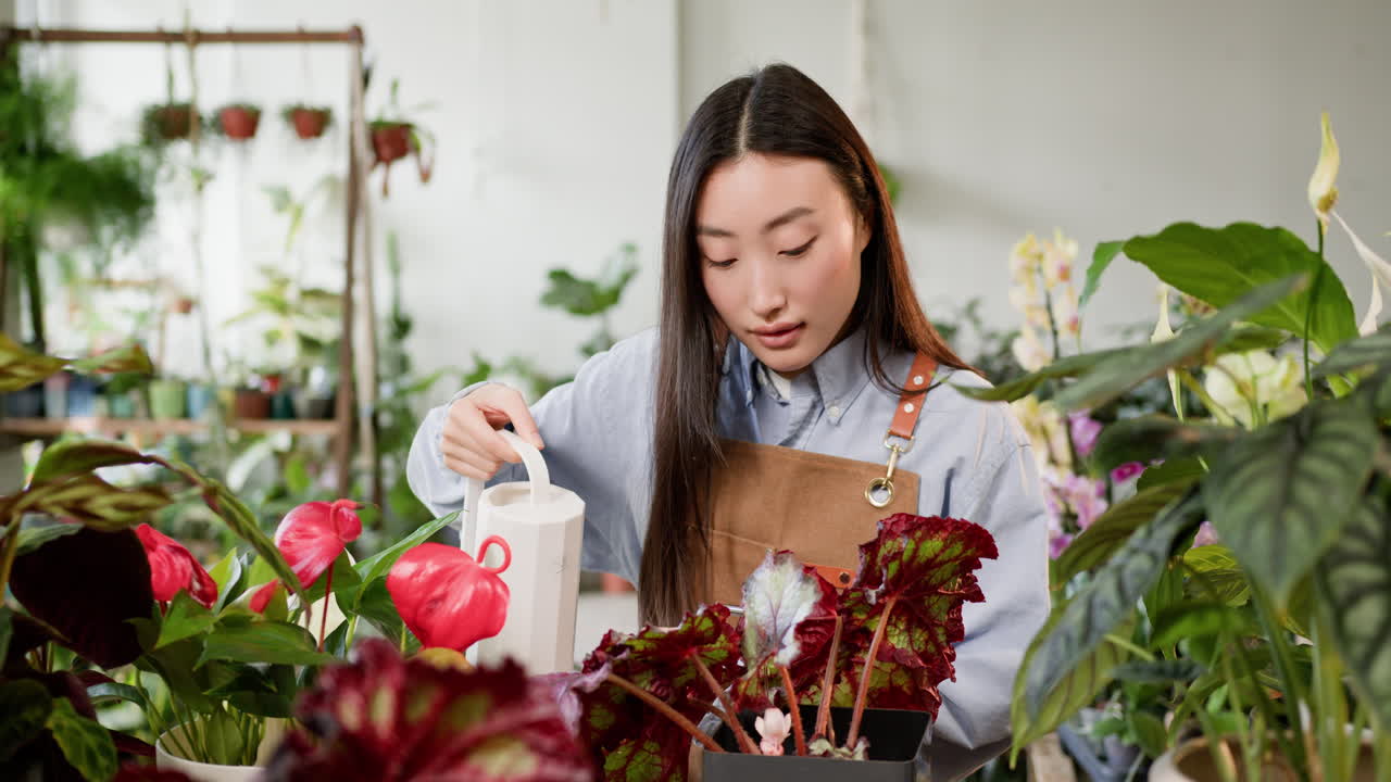 꽃 가게 에서 식물 에 물 을 주고 있는 여자