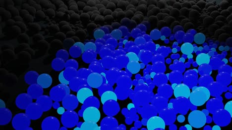 Bulbs start to glow forming pattern like abstract chrismas garland. Blue waves runs across balls like in christmas garland, 3d abstract looped background with lot of gray spheres lay on plane.