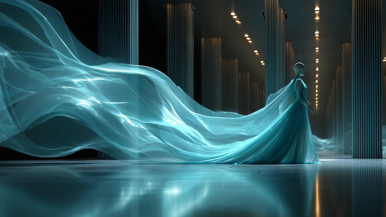 A stunning visual of ethereal fabric flowing gracefully in a luxurious space, showcasing harmony between light, movement, and elegance as the soft hue dances across the elements