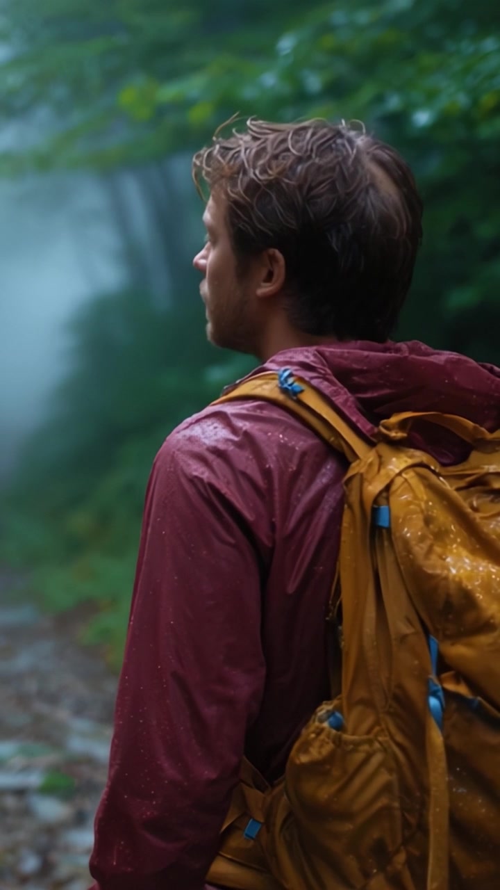 Young man in rain gear stands on a misty forest trail, contemplating nature and adventure while carrying a yellow backpack under the serene green canopy of trees.