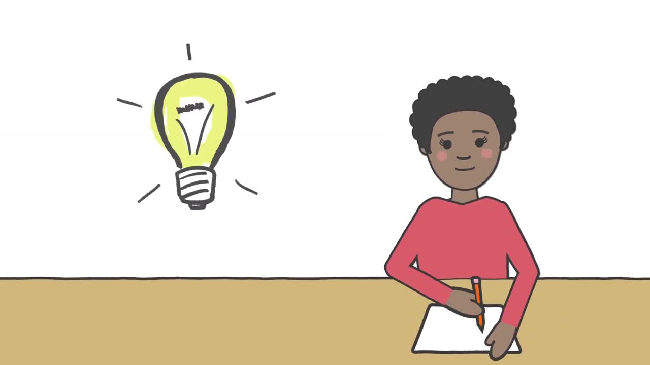 Animation of light bulb with rays and schoolboy writing on white background