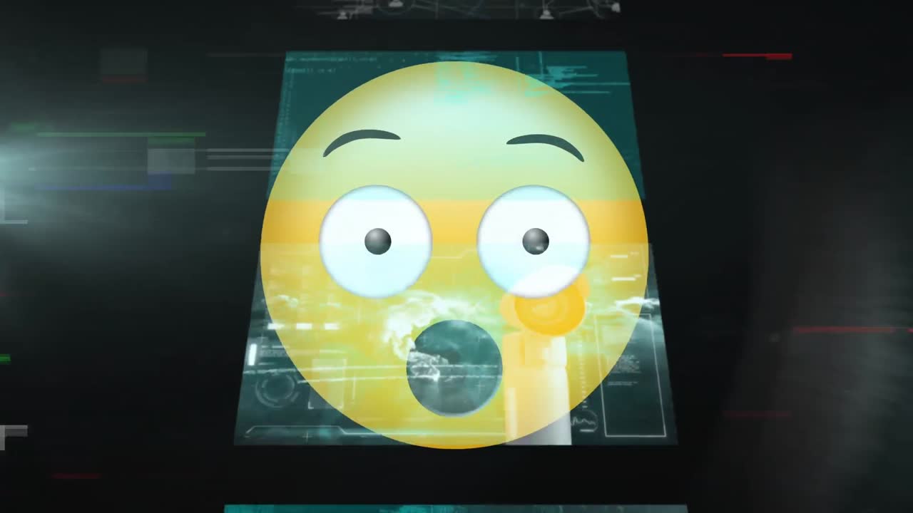 Multiple screens with data processing against surprised face emoji on black background