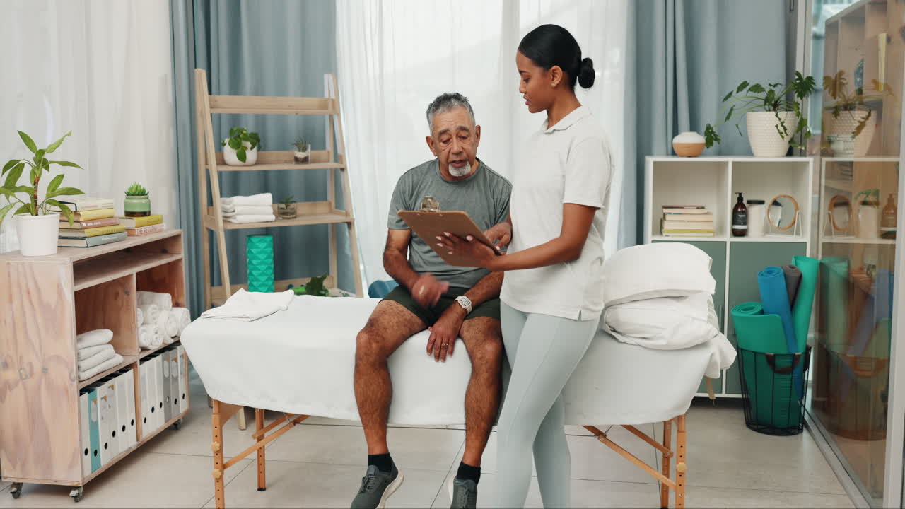 Man, physiotherapist and discussion with clipboard
