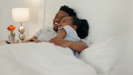 Black-couple,-tv-remote-and-bedroom-love-with-man