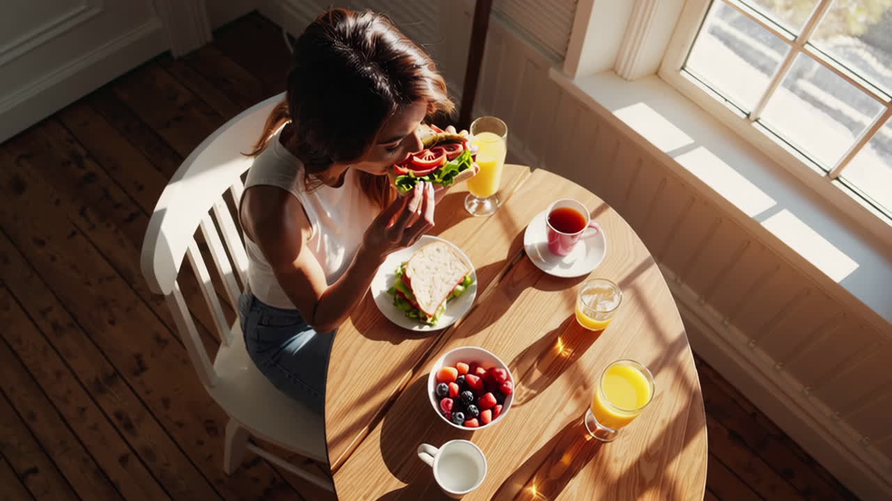 Woman eating a healthy breakfast with a sandwich, fruit, and orange juice