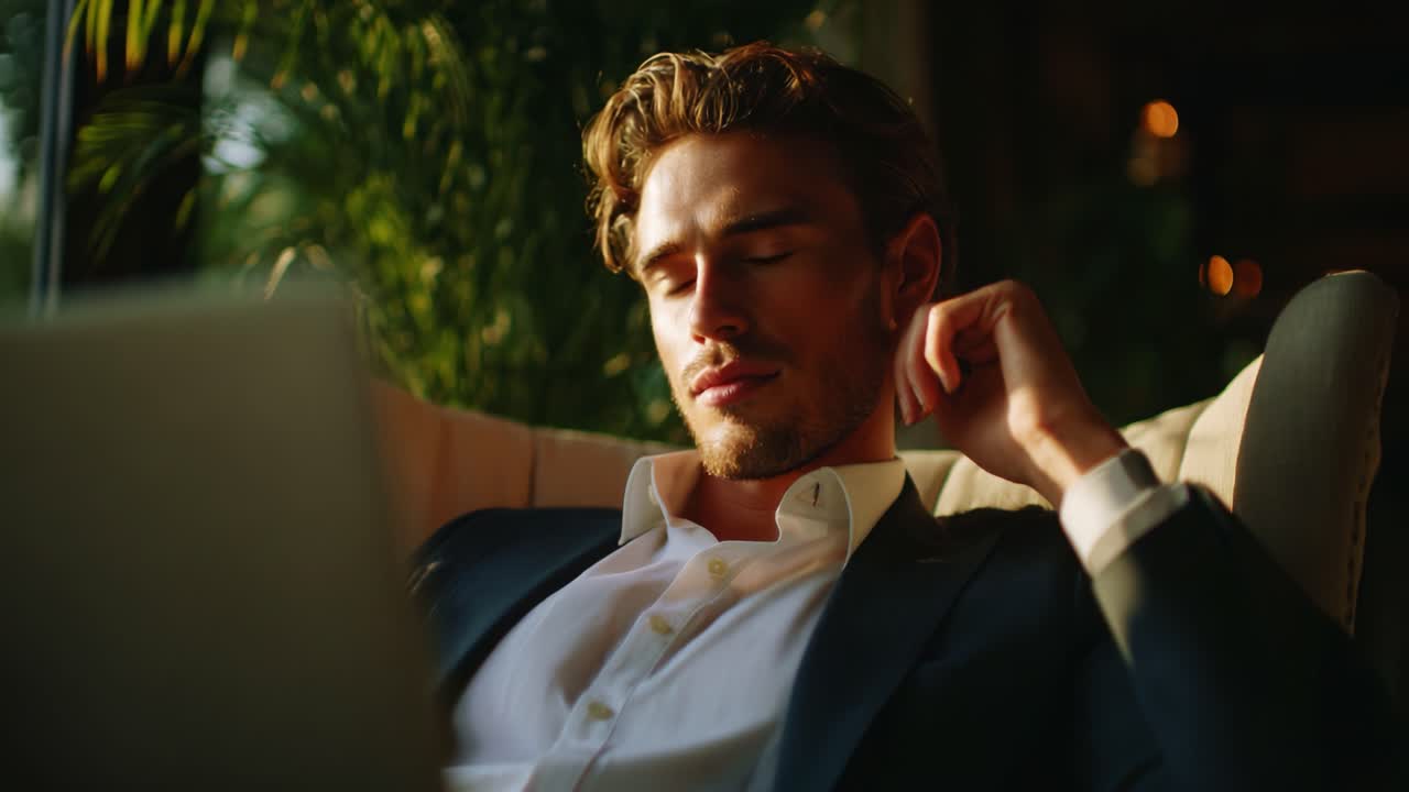 Et ettertenksomt øyeblikk fanget i et solfylt miljø, med en ung mann i en elegant dress som slapper av i elegante omgivelser, dypt fokusert på sin laptop mens han fordyper seg i tanker, omgitt av frodig grønt.