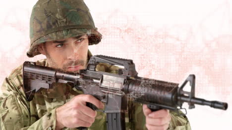 Holding rifle, soldier in camouflage with digital map animation in background