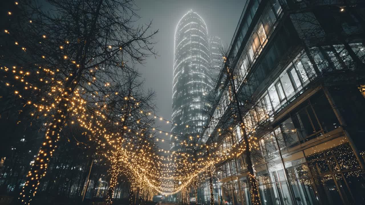 A Dreamy Evening Under the Glowing Lights and Skyscraper Towers in the Mist - Urban Nightscape Captured in Enchanted Illumination and Atmosphere