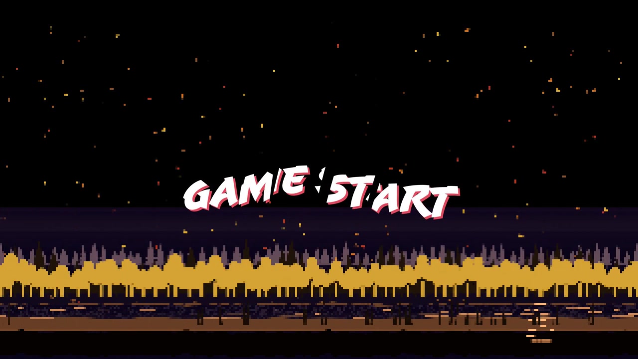 Testo "GAME START" in grassetto che entra con uno zoom rapido, oscillando e distorcendosi, segnalando l'inizio del gioco