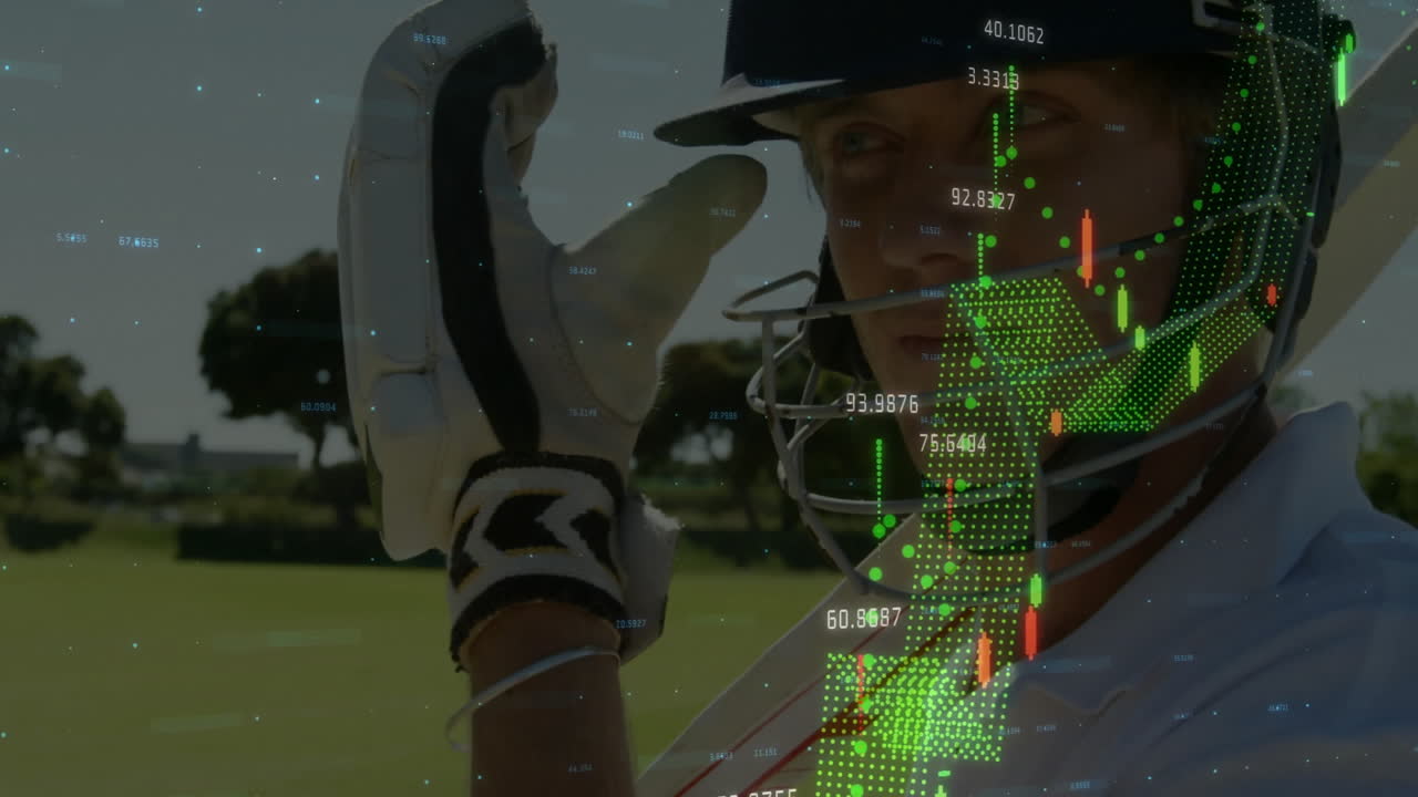 Cricket player adjusting helmet with financial data processing animation overlay