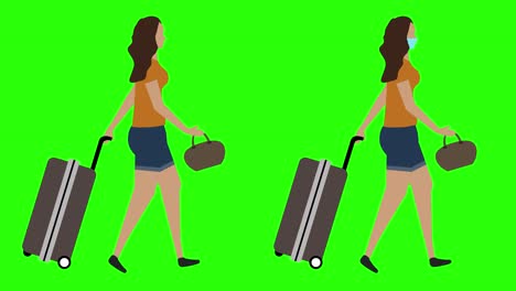 women with trolley walking cycle seamless loop , face mask version, green screen chroma key animation, flat design