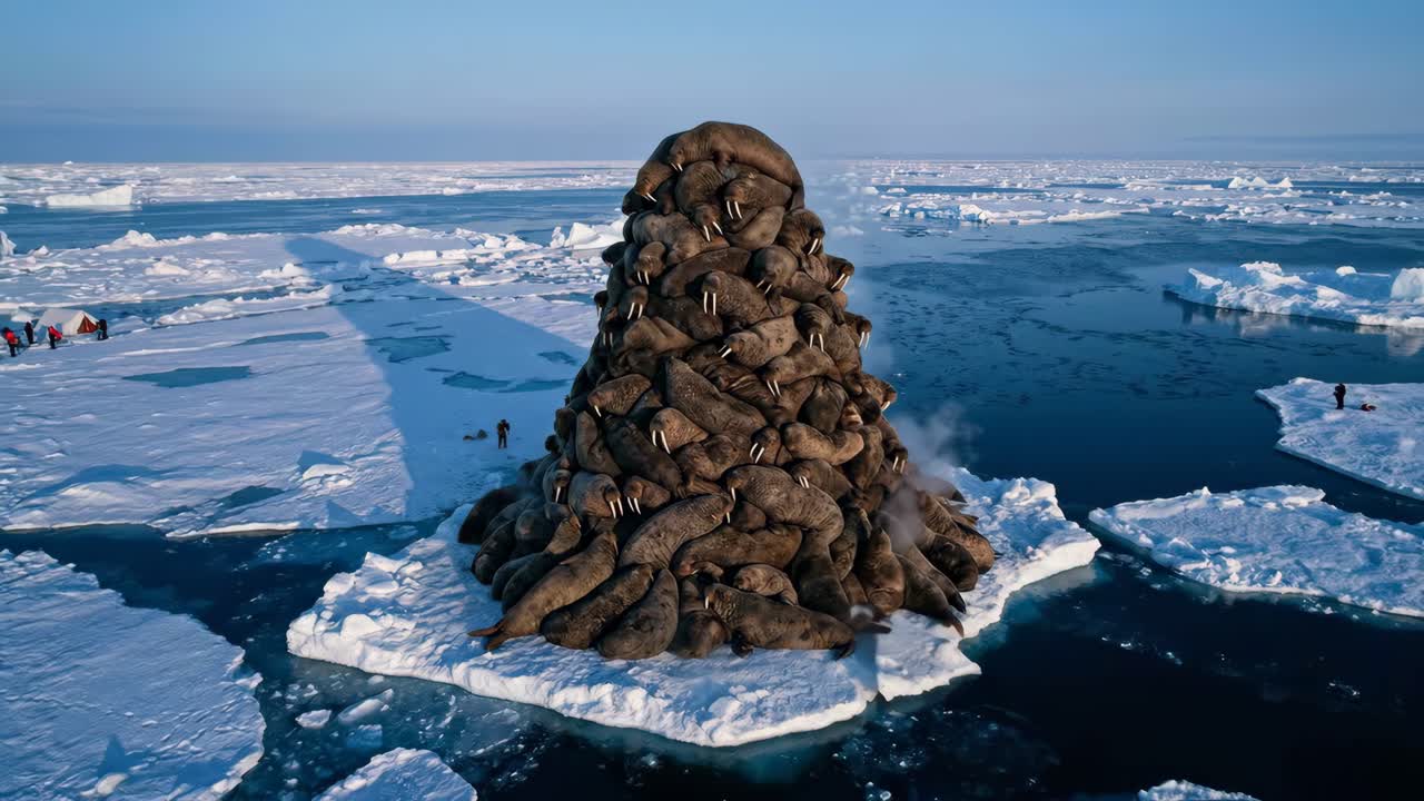 Luftfoto av en massiv haug med hvalrosser på et arktisk isflak