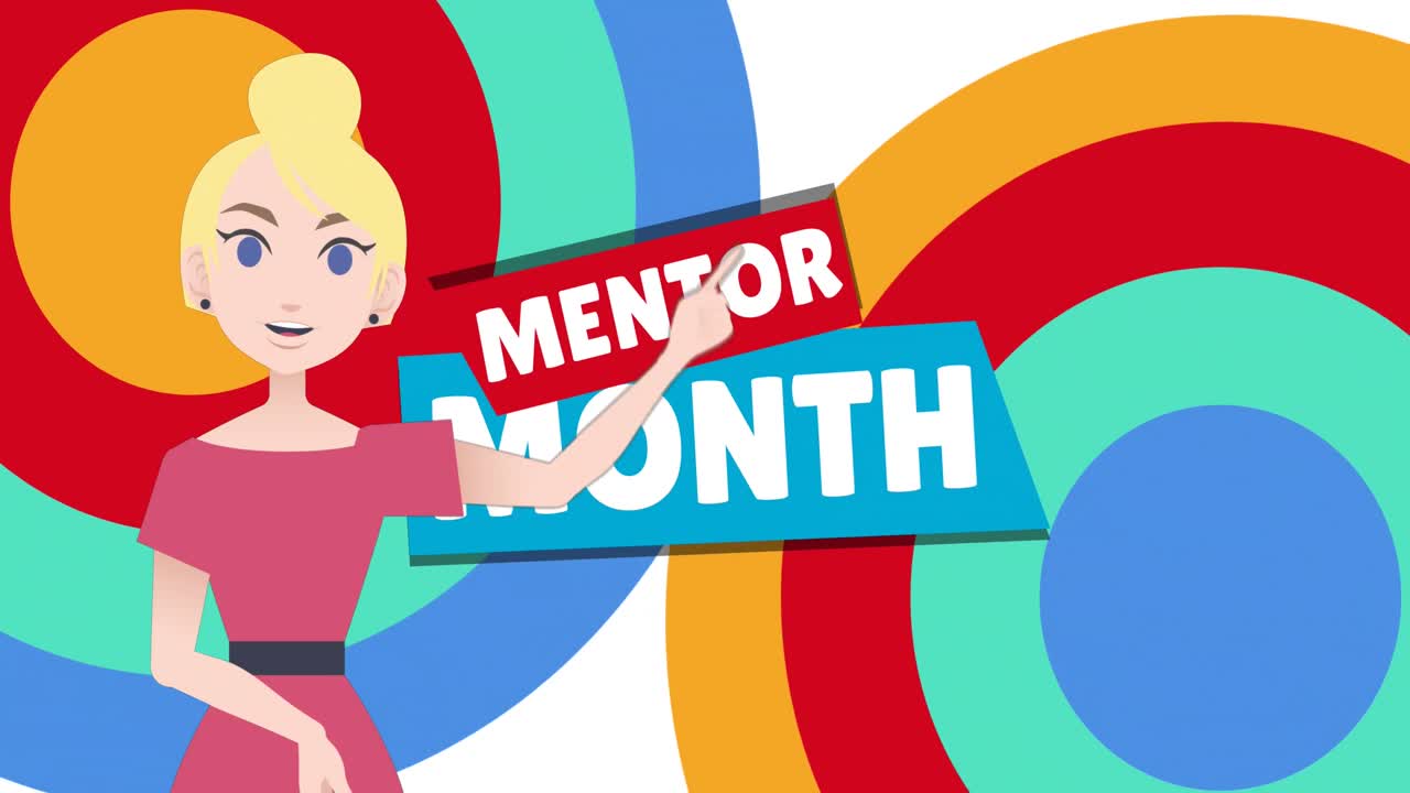 멘토 매월 텍스트를 통해 이야기하는 여성의 애니메이션