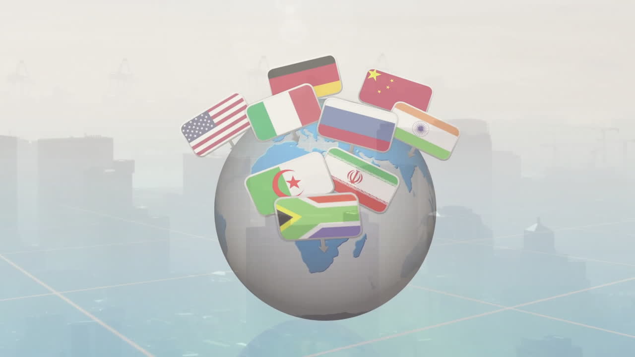 Rotating flags of countries in animation over cityscape background with globe