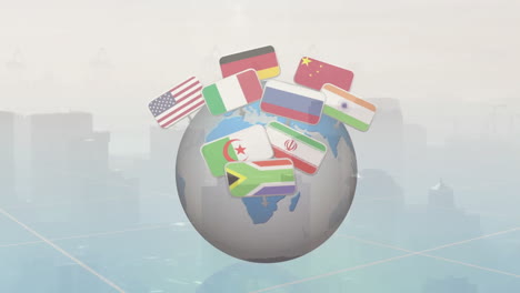 rotating flags of countries in animation over cityscape background with globe