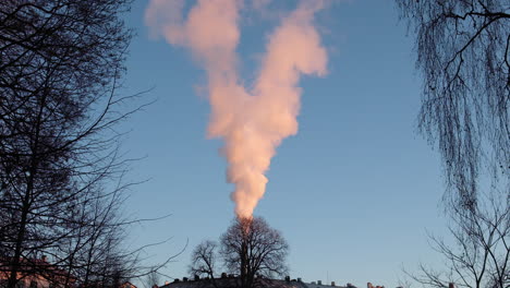 white smoke rising against the sky from smokestack of industrial plant