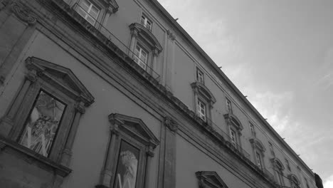 Low-angle-detail-of-architecture-in-Naples-Italy-in-black-and-white