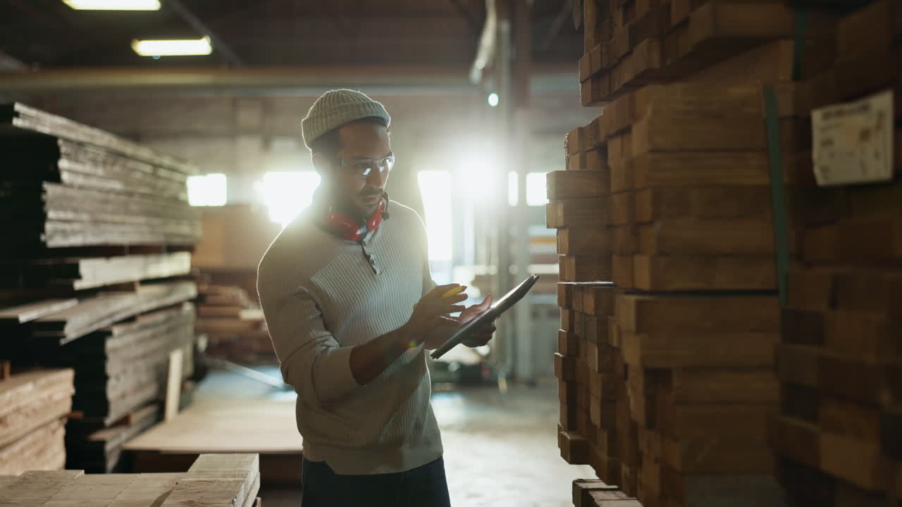 Man inspecting wood in a warehouse