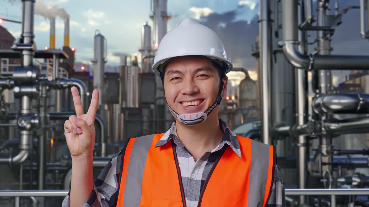 Close Up Of Asian Male Engineer With Safety Helmet Smiling And Showing Peace Gesture While Standing In a Refinery, Oil Processing Equipment And Machinery