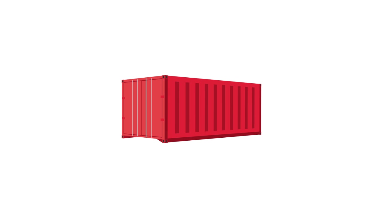 Animation af en rød fragtcontainer, der samles og roterer