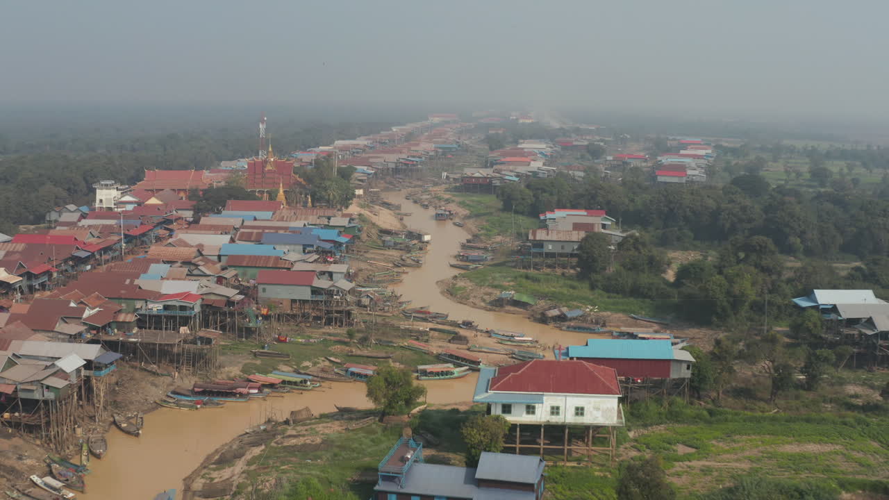 Wide aerial of fisherman village along Tonle Sap