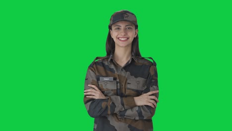 portrait of happy indian woman army officer green screen