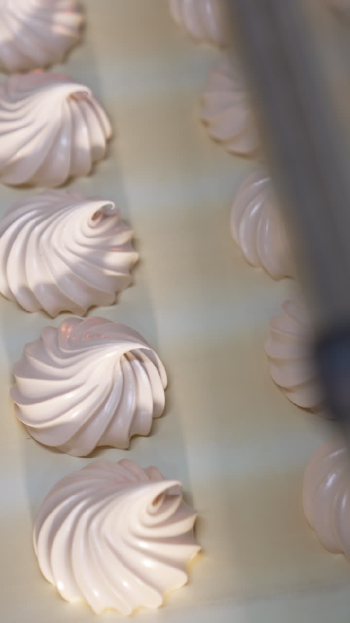 Freshly-made vanilla zephyr desserts on the conveyor line. Marshmallow manufacturing at modern food factory. Close up. Top view. Vertical video