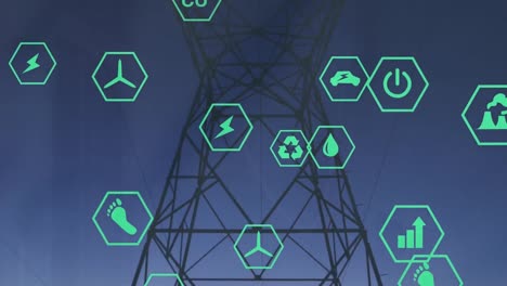 Animation-of-multiple-digital-icons-over-network-tower-against-sunset-sky