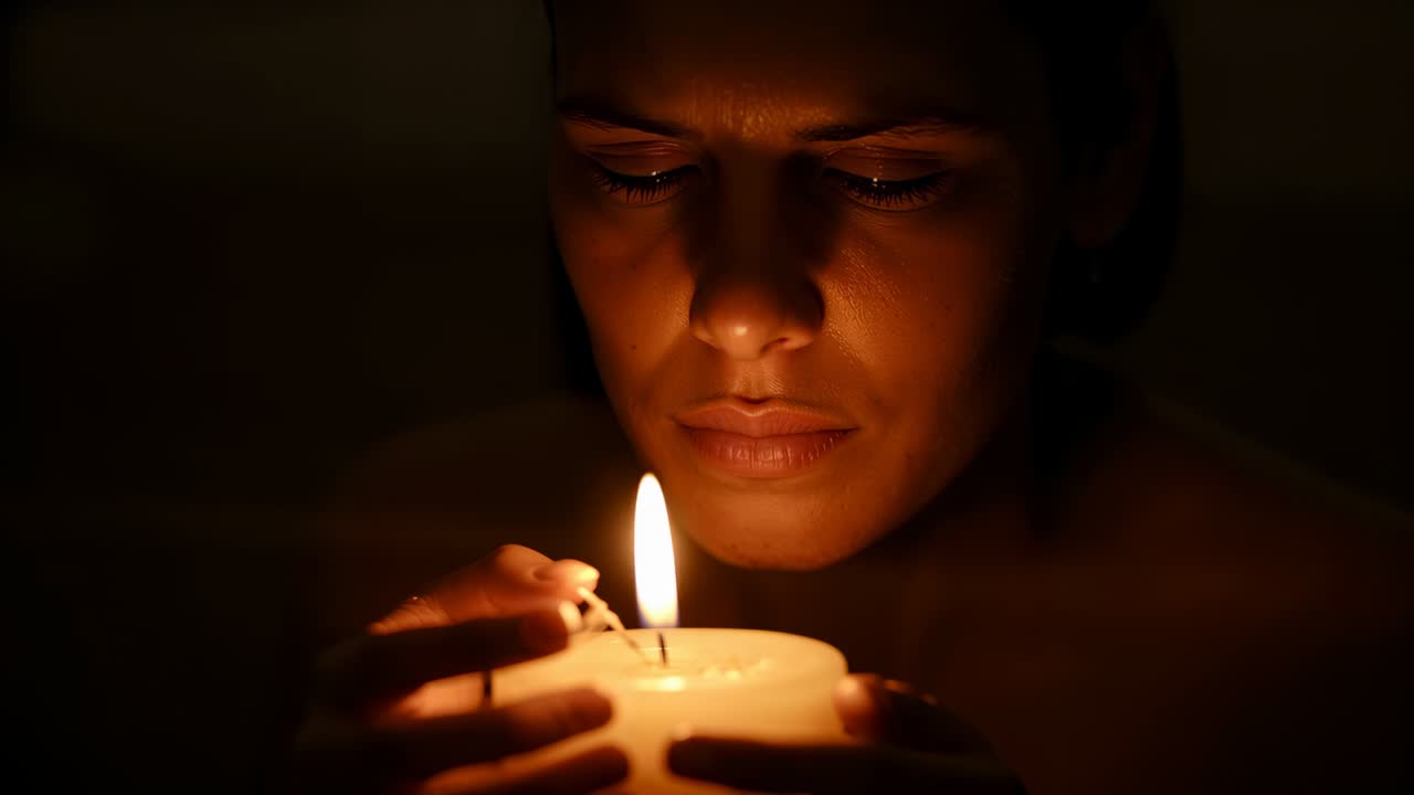 Lighting woman bringing lighter to wick, holding wide candle steady in dim room, seeking solace