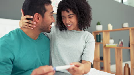 pregnant test, couple and celebration with happy