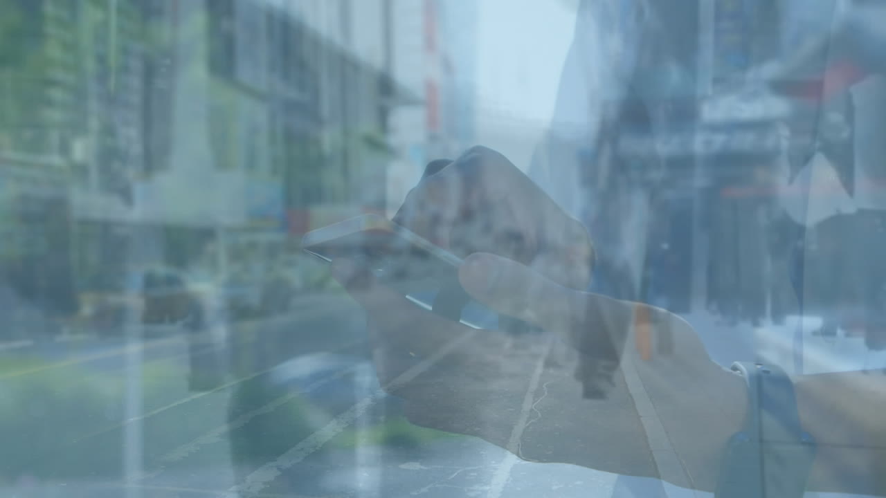 Animation of people walking on street over african american man using smartphone