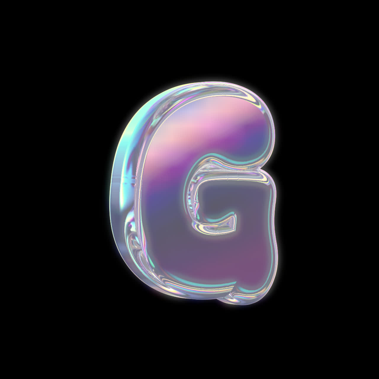 Rotating Iridescent Glass Letter G on Black Background